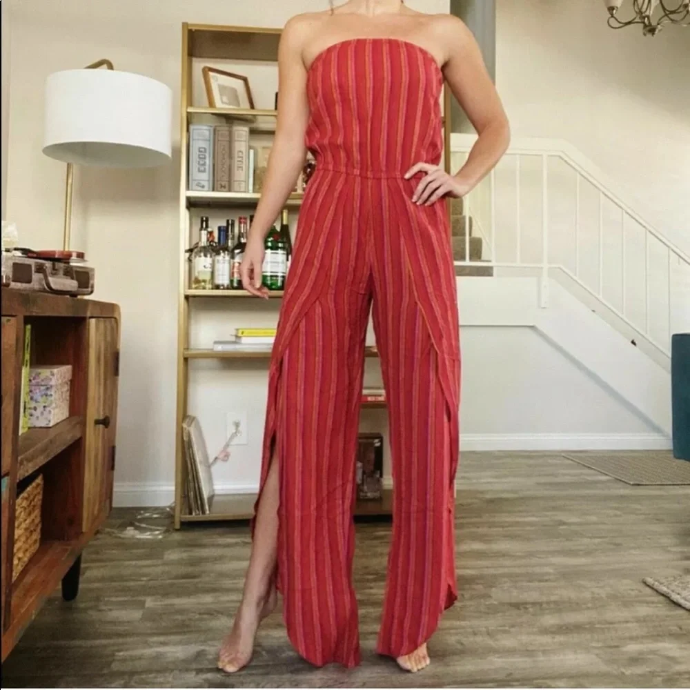 Anthropologie Jumpsuit Drew Red Multi Linen Strapless Slit Size Small NWT $242
